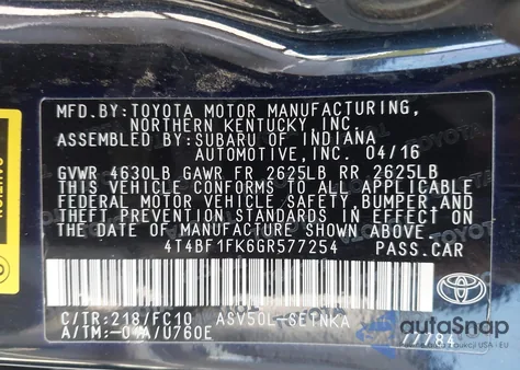 2016 Toyota Camry Le from USA, damaged, VIN 4T4BF1FK6GR577254